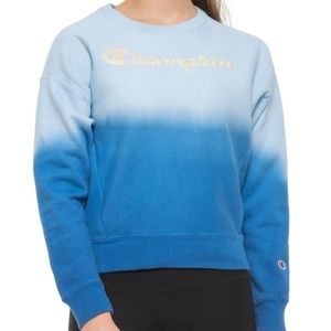 Champion Women's Ombre Dip Dye Reverse Weave Crew Tonal Surf the Web Blue Ombre